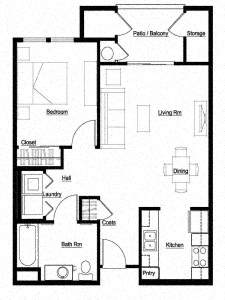 Floor plan for 1 bed, 1 bath